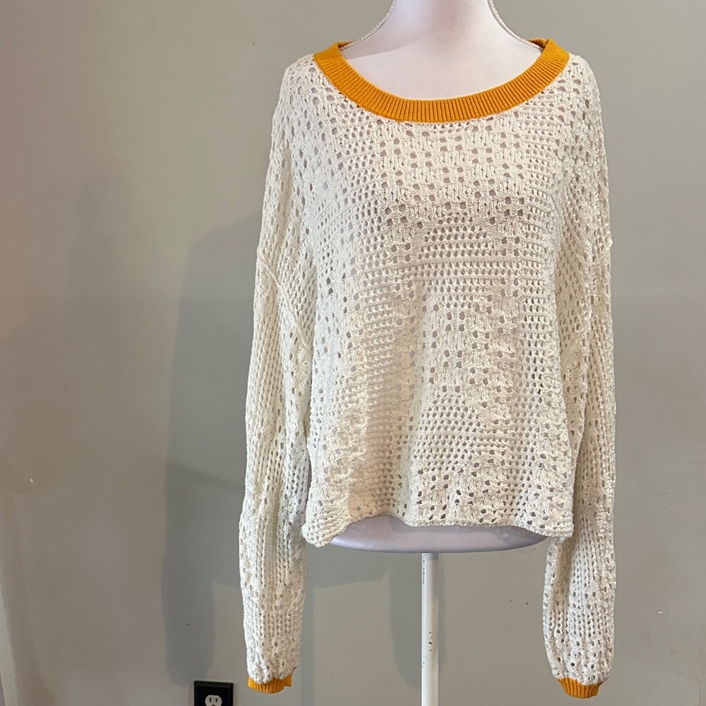 Free People Cream Knit Sweater with Yellow Trim